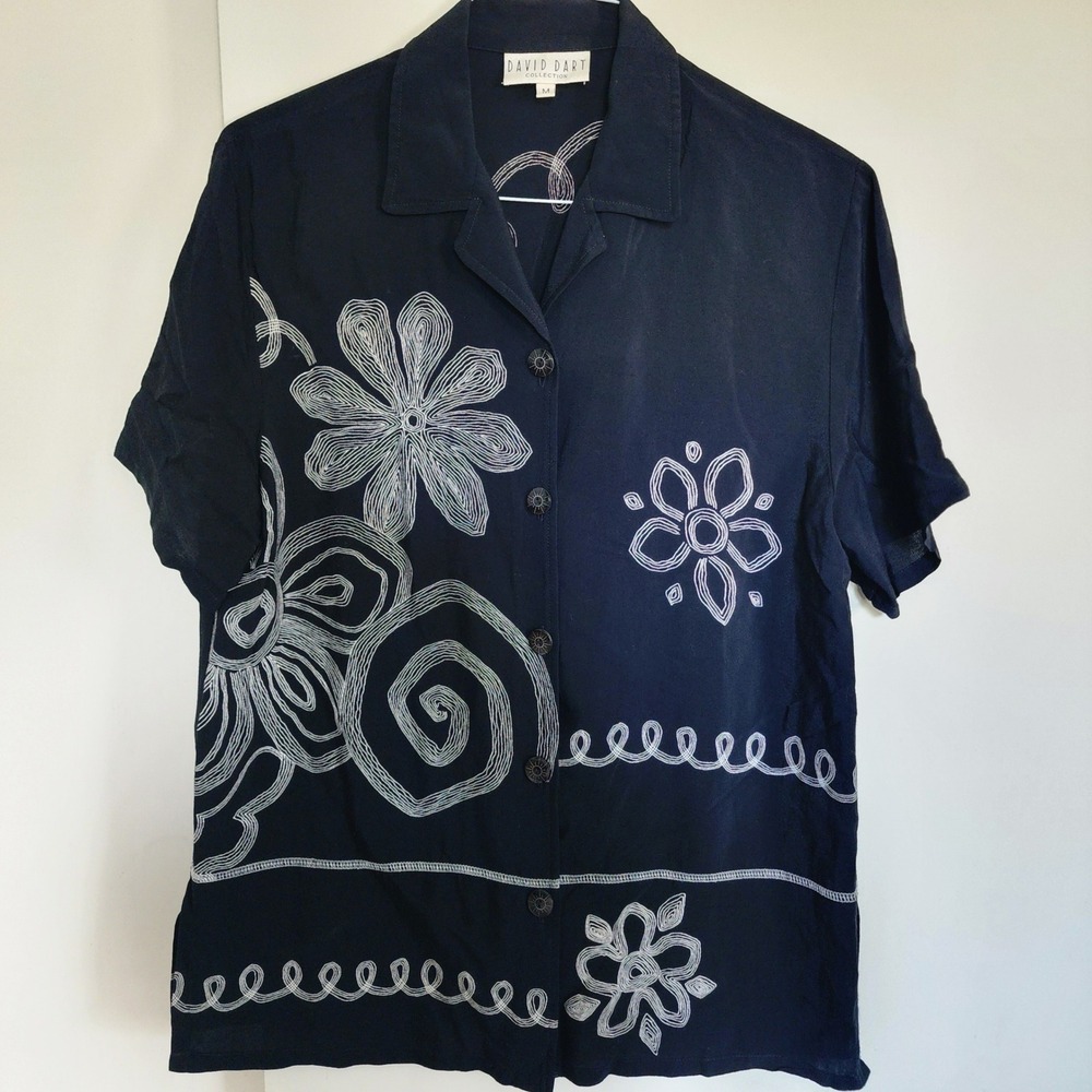 David Dart Collection Button Down Womens M Navy Excellent Soutache Rayon Shirt